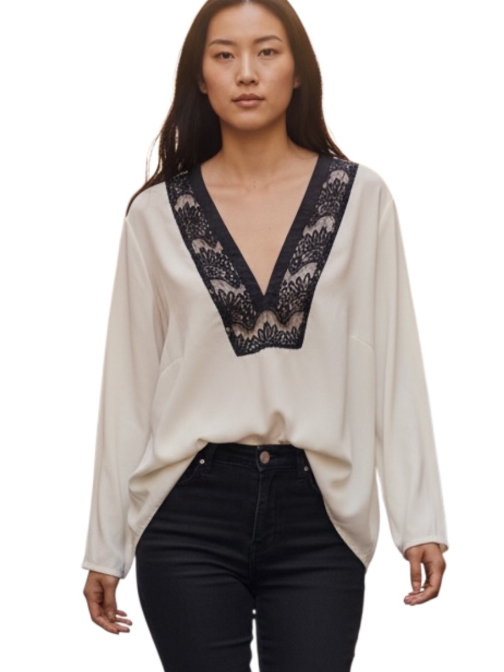 Junarose Cream V-Neck Blouse with Black Lace Trim